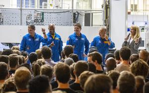 The first four NASA commercial crew astronauts for the SpaceX Crew Dragon with SpaceX CEO Gwynne Shotwell in 2018. MUST CREDIT: Jonathan Newton/The Washington Post