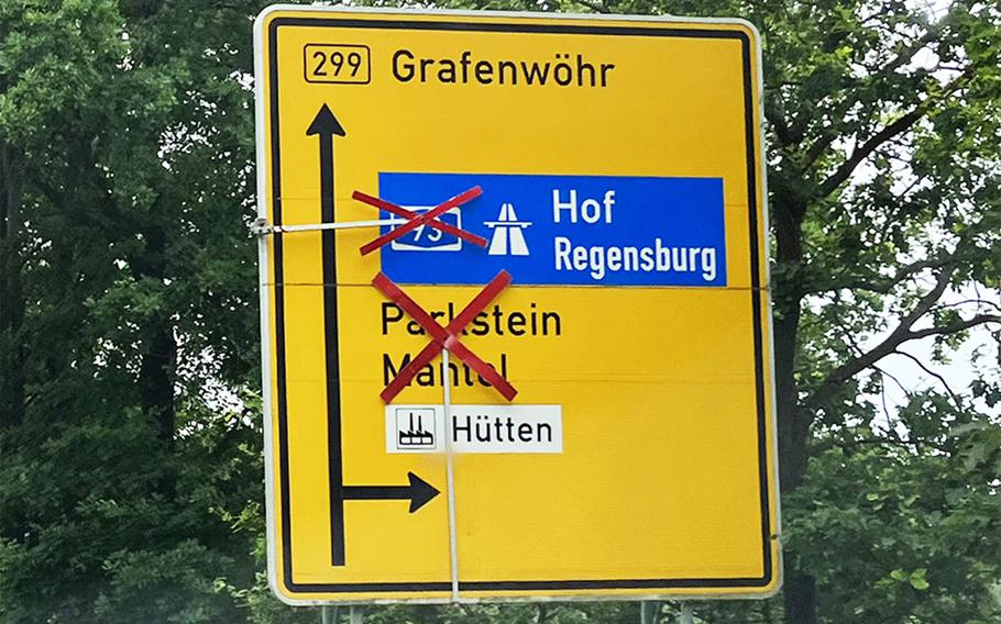 A sign by U.S. Army Garrison Bavaria's Tower Barracks in Grafenwoehr, Germany, on Monday, June 3, 2024, indicates a road closure, which was prompted by severe flooding in the area.