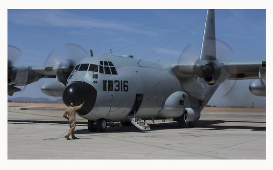 A U.S. Marine Corps KC-130T aircraft prepare to taxi during Weapons and Tactics Instructor Course (WTI) 2-15 in Yuma, Ariz., April 11, 2015. WTI is a seven-week event hosted by Marine Aviation Weapons and Tactics Squadron One (MAWTS-1) cadre. MAWTS-1 provides standardized tactical training and certification of unit instructor qualifications to support Marine aviation Training and Readiness and assists in developing and employing aviation weapons and tactics. (U.S. Marine Corps photo by Lance Cpl. Jodson B. Graves, 2d MAW Combat Camera/Released)