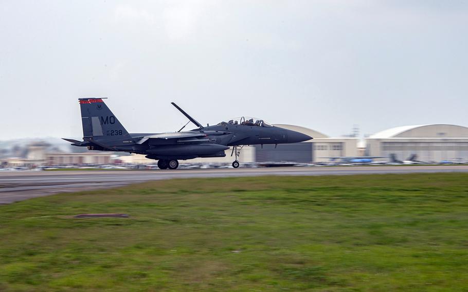 An F-15E Strike Eagle assigned to the 391st Fighter Squadron lands at Kadena Air Base, Okinawa, April 22, 2023.