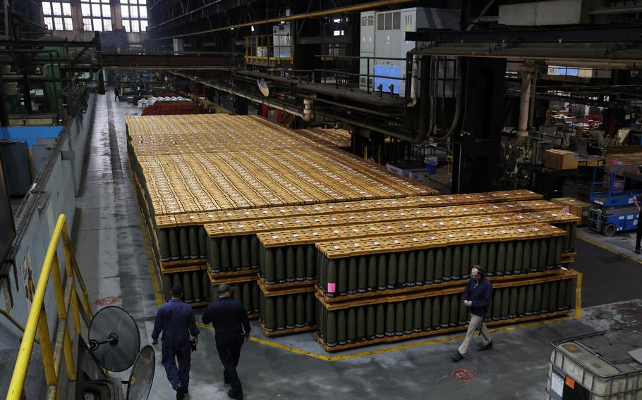 Artillery shells are packed for shipping at the Scranton Army Ammunition Plant in Scranton, Pa., in February 2023.