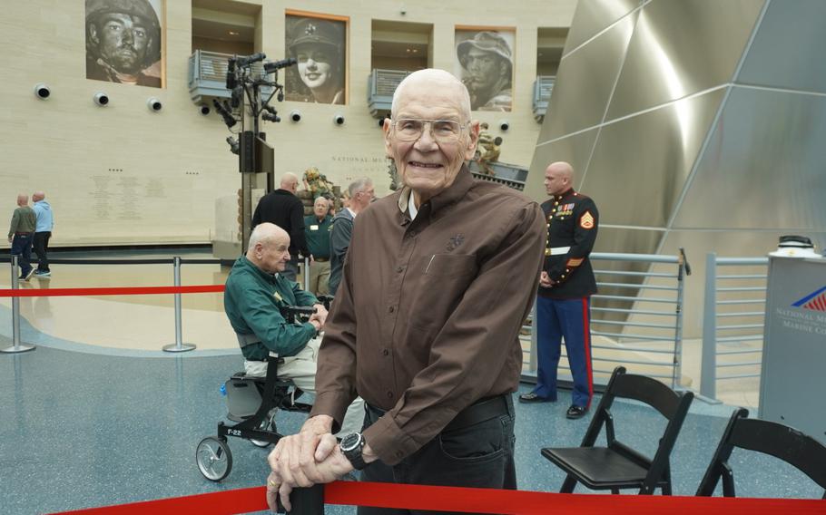 Staff Sgt. Al Ullman, the oldest Marine in attendance during a cake-cutting ceremony at the National Museum of the Marine Corps