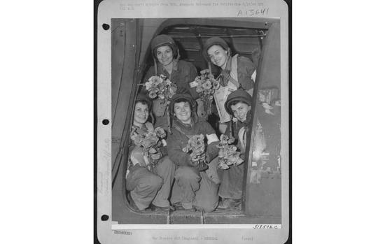 "5 U.S. Army Nurses Become First Allied Women to Land," read the headline accompanying this photo in Stars and Stripes' London edition, June 12, 1944. 

The article published with the U.S. Army Air Force photo describes how these five American nurses landed on the Cherbourg peninsula - site of the Normandy landings - DDay+4 to pick up wounded. From left to right: 2/Lts. Eleanor A. Geovanelle, Kersey, Penn., Mary E. Young, St. Petersburg, Fla., Helen Melissa Clark, Cornwall, Conn., Marijean Brown, Columbus, Ohio, Luella Bernard, Waynesville, Ohio. 

Read the original 1944 article here.

Looking for more of Stars and Stripes’ historic D-Day and World War II coverage? Subscribe to Stars and Stripes’ historic newspaper archive! We have digitized our 1948-1999 European and Pacific editions, as well as several of our WWII editions and made them available online through https://starsandstripes.newspaperarchive.com/

META TAGS: DDay80; Invasion; World War II; WWII; D-Day; women in the military; nurses; military medical; medevac; 