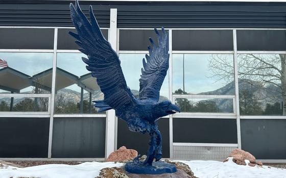 An undated photo of a statue of a falcon at the Air Academy High School in Colorado Springs, Colo.