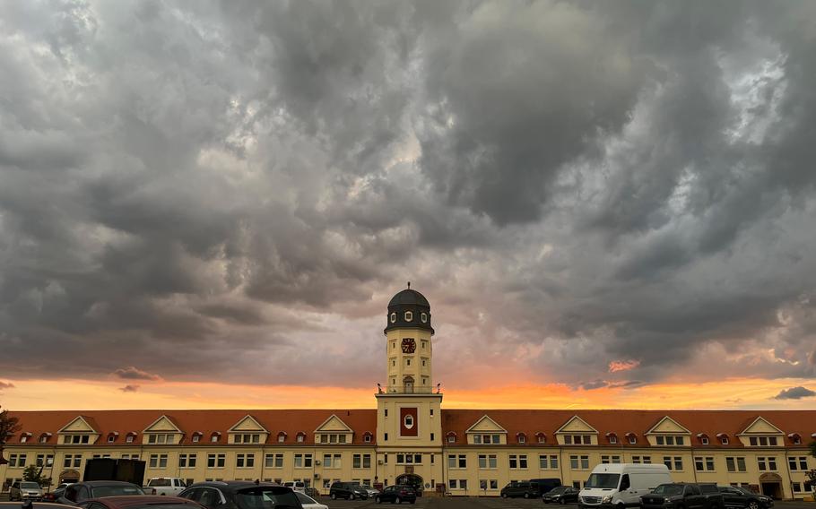 The clock tower gate building at Kleber Kaserne that gives the Clock Tower Cafe its name. The Army dining facility is expected to remain closed until early March amid ongoing refurbishments.