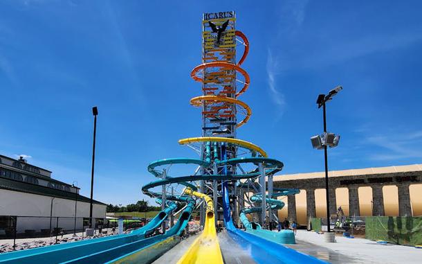 The new Rise of Icarus waterslide tower stands 145 feet at Mt. Olympus theme park and resort in Wisconsin Dells, making it the tallest waterslide in North America. 