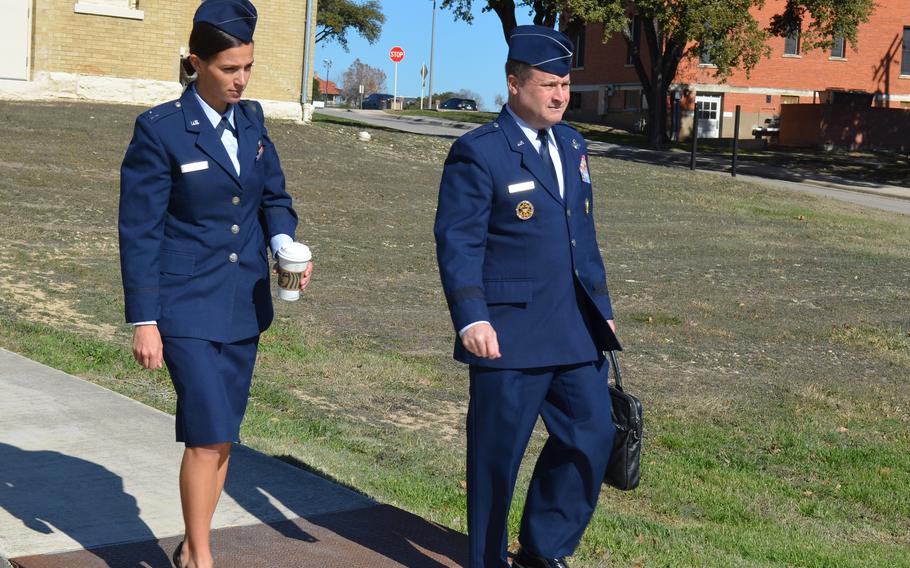 Air Force Maj. Gen. Phillip Stewart and Capt. Jordan Grande, his attorney, leave a hearing Jan. 18, 2024, at Joint Base San Antonio-Fort Sam Houston in Texas. 