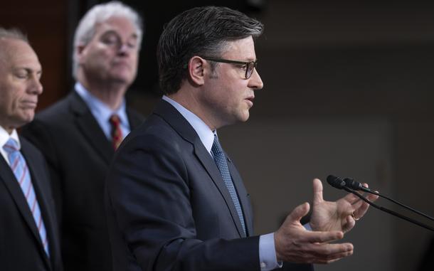 House Speaker Mike Johnson is seen from the side speaking at a podium with his hands raised as other members of Congress look on from behind.