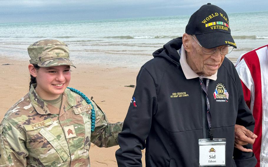 Sid Edson, a Brooklyn native who was drafted in 1943, visits Omaha Beach on June 4, 2024. He was part of a group of nearly 70 World War II veterans flown to France for the 80th anniversary of the D-Day landings.