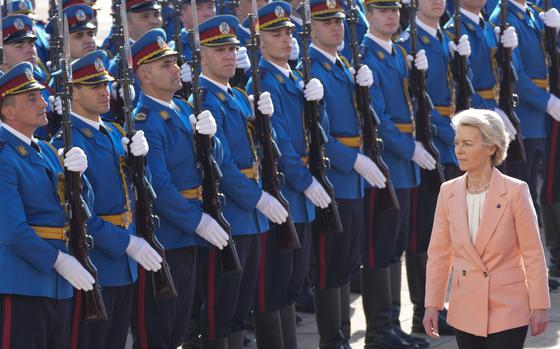 European Commission President Ursula von der Leyen walks by Serbia’s honor guard in Belgrade, Serbia, Oct. 25, 2024. 