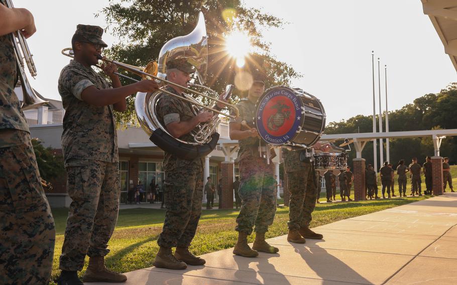 U.S. Marines with the Quantico Marine Brass Band perform during a back-to-school celebration at the Crossroads Elementary School on Marine Corps Base Quantico, Va., Aug. 21, 2024. 