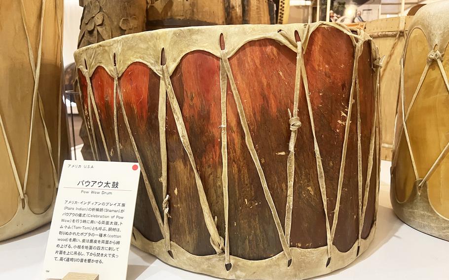 A Native American powwow drum from the United States is one of the many items on display at the Miyamoto-Unosuke Drum Museum in Tokyo.