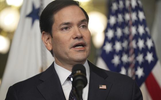 Secretary of State Marco Rubio speaks after being sworn in by Vice President JD Vance in the Vice Presidential Ceremonial Office in the Eisenhower Executive Office Building on the White House campus, Tuesday, Jan. 21, 2025, in Washington. (AP Photo/Evan Vucci)