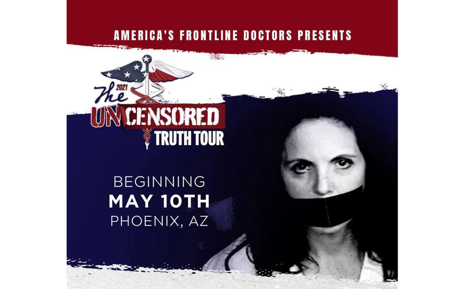 Dr. Simone Gold, founder of America’s Frontline Doctors, is seen muzzled in a May 13, 2021, post, announcing an uncensored presentation in 2021.