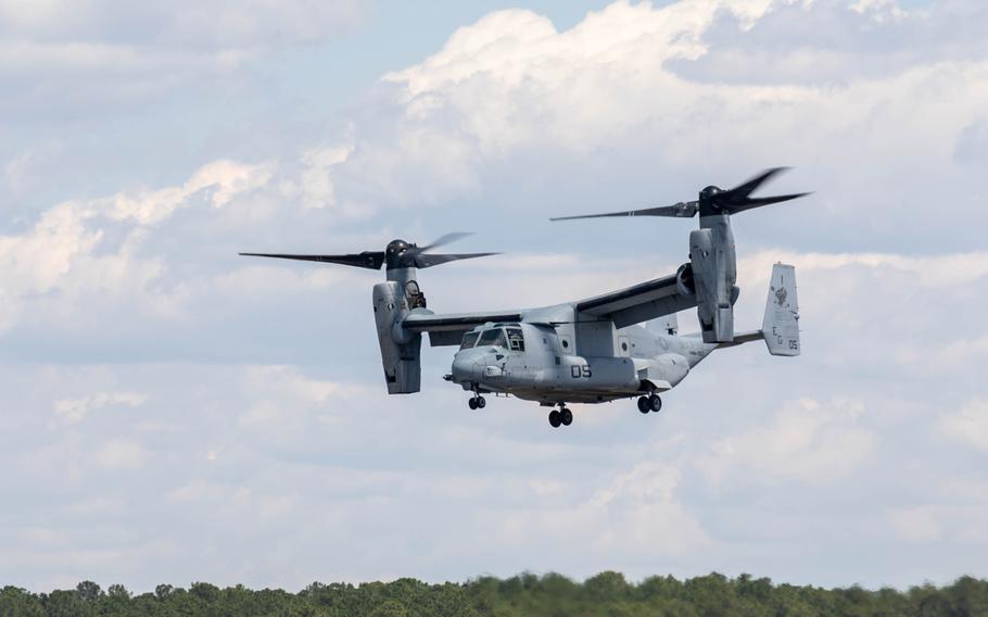 A U.S. Marine Corps MV-22 Osprey preforms aerial demonstrations during the MCAS Cherry Point Air Show, Sunday, May 12, 2024, at MCAS Cherry Point, N.C. 