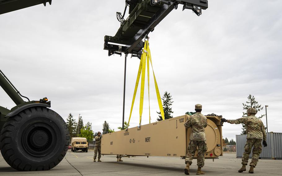 The first prototype hypersonic hardware is delivered to soldiers of 5th Battalion, 3rd Field Artillery Regiment, 17th Field Artillery Brigade at Joint Base Lewis-McChord, Wash. The Army is closer to fielding its Dark Eagle hypersonic missile, it said Oct. 7, 2021.