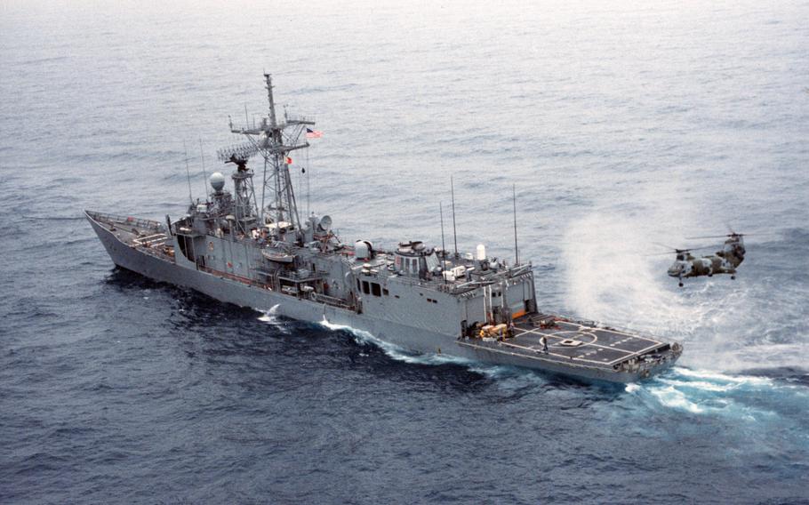 USS Samuel B. Roberts underway after the ship struck a mine on April 14, 1988. 