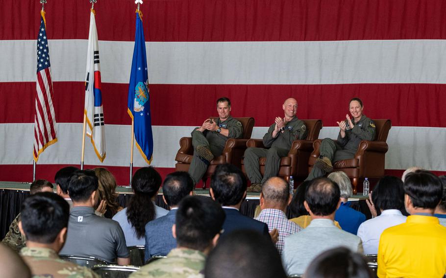Air Force Col. Matthew Gaetke, center, passed command of the 51st Operations Group to his wife, Col. Kathryn Gaetke, at Osan Air Base, South Korea, June 14, 2023. 