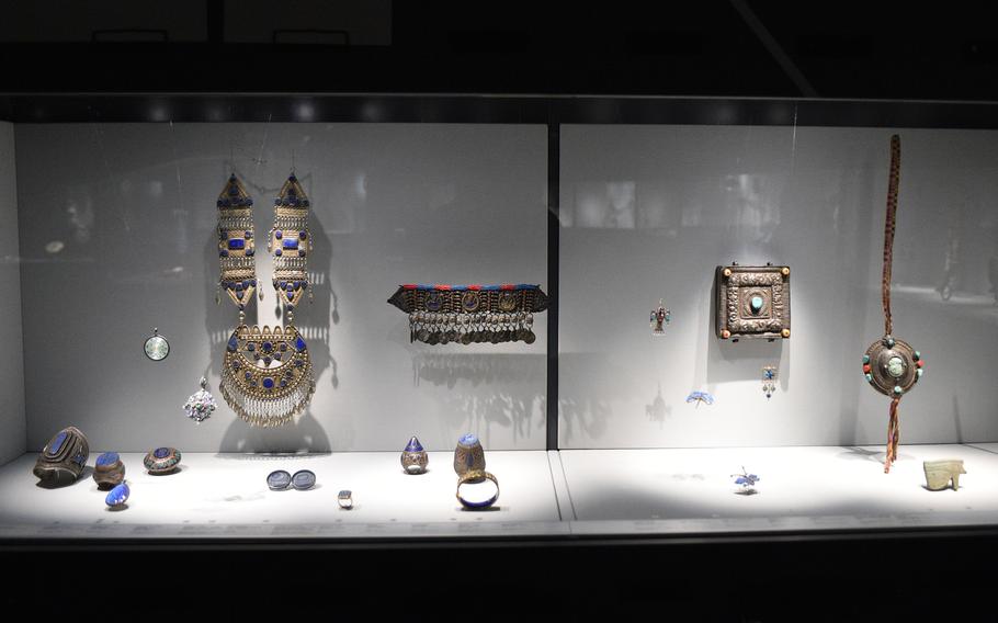 This case displays jewelry from Morocco, Afghanistan, Iran and Europe at the Pforzheim Jewelry Museum in Pforzheim, Germany.