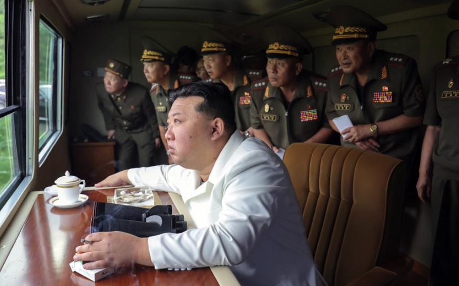 North Korean leader Kim Jong Un observes a weapons test in this image released by the state-run Korean Central News Agency, Wednesday, Aug. 28, 2024. 