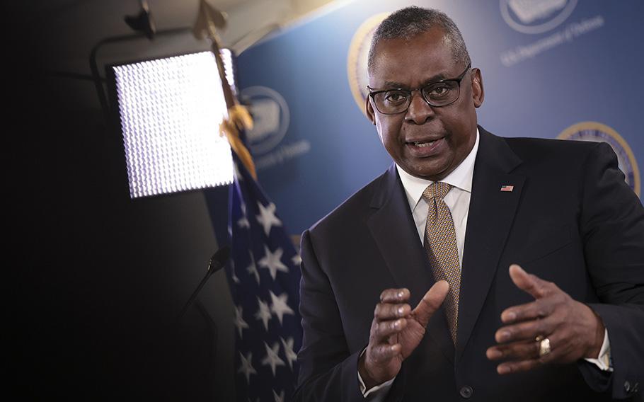 Defense Secretary Lloyd Austin speaks during a news conference at the Pentagon on May 25, 2023, in Arlington, Virginia.