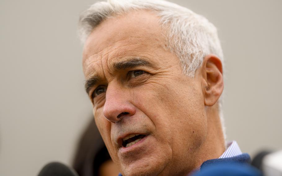 Calin Georgescu, running as an independent candidate for president, speaks to media after registering his bid in the country’s presidential elections, in Bucharest, Romania, Tuesday, Oct. 1, 2024. 