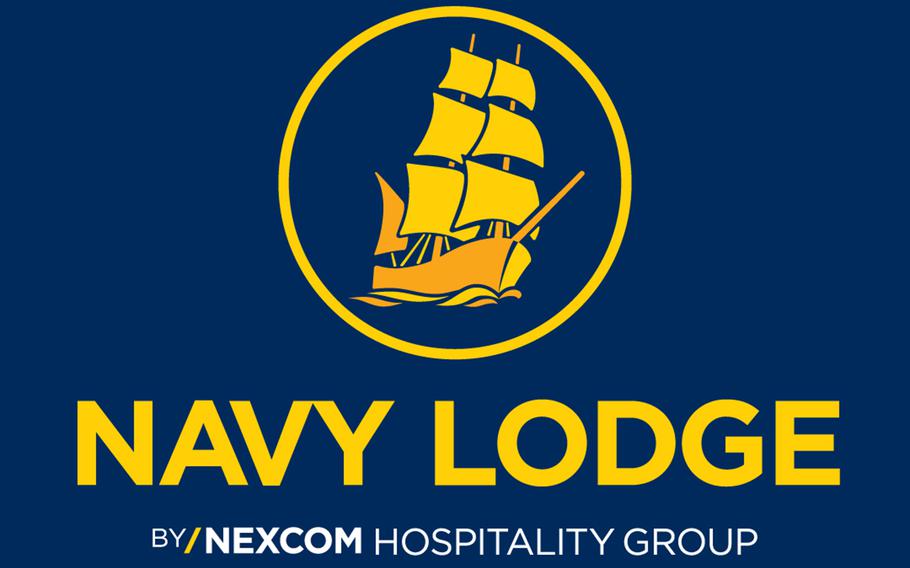 A yellow Navy Lodge logo has a navy blue background.