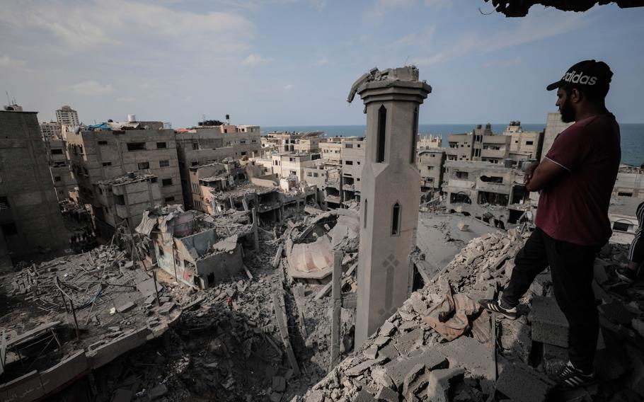 The ruins of a mosque destroyed by Israel's bombardment of Gaza City.