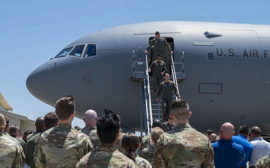 The Project Magellan crew exits a KC-46A at McConnell Air Force Base, Kan., July 1, 2024. The aircraft executed the world’s first nonstop, KC-46A Pegasus westbound circumnavigation endurance flight, called Project Magellan. 