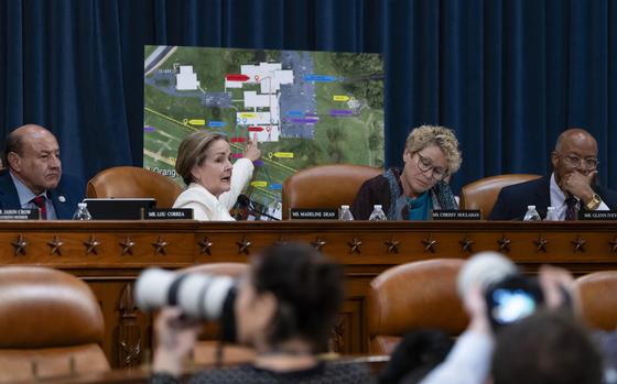 From left, Rep. Lou Correa, D-Calif., Rep. Madeleine Dean, D-Pa., Rep. Chrissy Houlahan, D-Pa., and Rep. Glenn Ivey, D-Md., ask questions in front of a site map at the first public hearing of a bipartisan congressional task force investigating the assassination attempts against Republican presidential nominee former President Donald Trump, at Capitol Hill in Washington, Thursday, Sept. 26, 2024. (AP Photo/Ben Curtis)