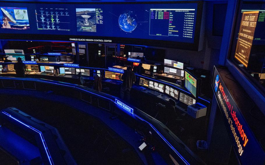 Computer screens cover the wall at the JPL control center.