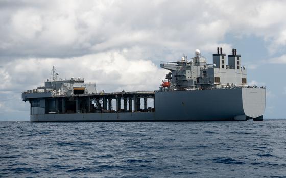 USS Hershel “Woody” Williams transits through the Gulf of Guinea on April 6, 2024. The ship, which is deployed throughout Africa, may be among 17 vessels sidelined as the Navy faces a shortage of civilian mariner manpower.