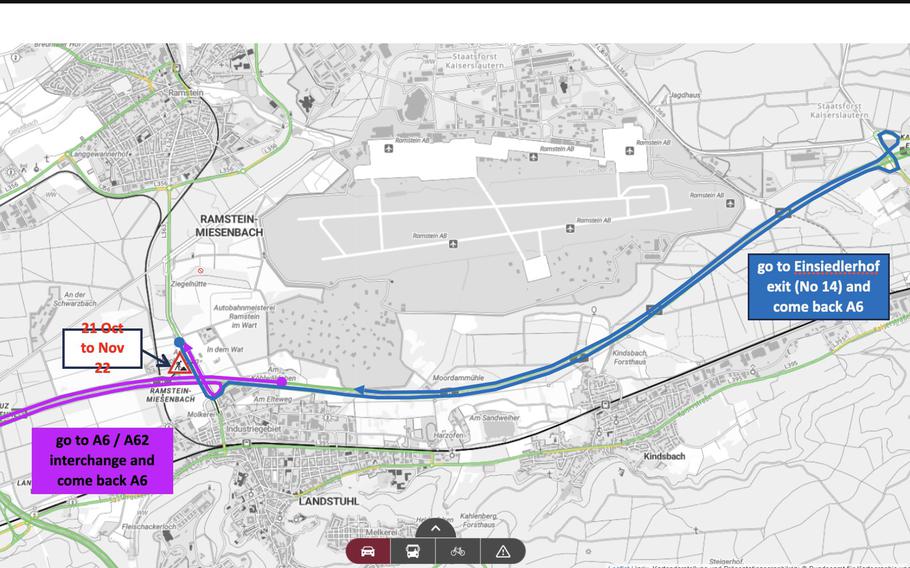 During the second phase of construction, traffic in the direction of Saarbrücken will be redirected through the Landstuhl-West interchange, with L363 traffic routed to the Kaiserslautern-Einsiedlerhof junction from Oct. 28 to Nov. 22.