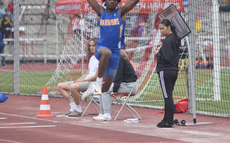 Wiesbaden’s Zion Thompson hit 44-08.25 in the triple jump to win an individual title at the DODEA-Europe track and field championships in Kaiserslautern, Germany, on Thursday, May 23, 2024.