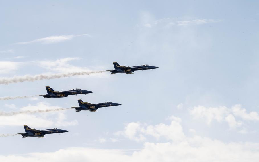 The Blue Angels preform at the Frontiers in Flight Air Show on Aug. 24, 2024, at McConnell Air Force Base, Kan. 