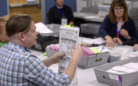 Washoe County election workers sort ballots at the Registrar of Voters Office in Reno, Nev., Tuesday, Oct. 29, 2024. (AP Photo/Tom R. Smedes)