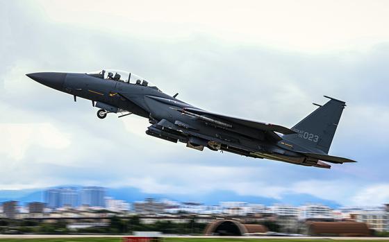 A South Korean F-15K Slam Eagle assigned to the 11th Fighter Wing out of Daegu Air Base takes off from an unspecified location in South Korea, Aug. 20, 2024.