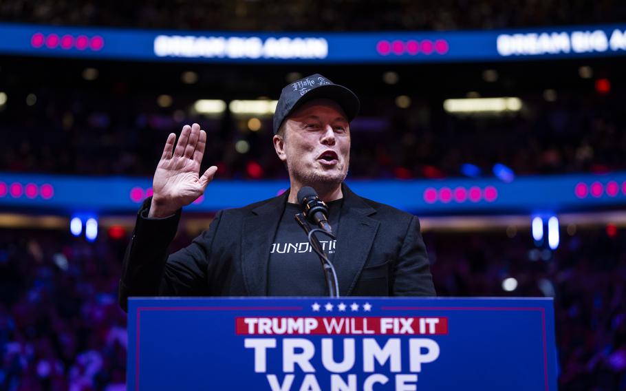 Elon Musk speaks before Republican presidential nominee Donald Trump at a campaign rally at Madison Square Garden on Oct. 27.