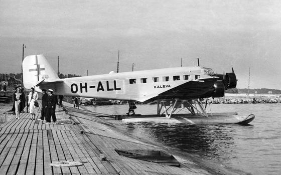 The Junkers Ju 52 aircraft "Kaleva" by the Finnish airline Aero is parked at the Katajanokka seaplane harbor in Helsinki equipped with floating bottom skis. Photo dated July 14, 1936. With U.S. and French diplomatic couriers aboard, the civilian plane was shot down over the Baltic Sea by Soviet bombers on June 14, 1940 just days before Moscow annexed the three Baltic states. The mysterious case which claimed the lives of nine people is being solved after 84 years as an Estonian diving group has located the aircraft's wreckage off a tiny island close to Tallinn. (Finnish Aviation Museum via AP)