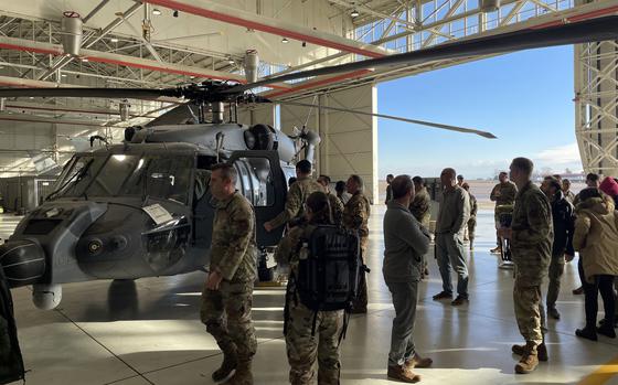 Airmen get an up-close look at the HH-60W Jolly Green II combat rescue helicopter during an official welcome ceremony at Aviano Air Base, Italy, Jan. 10, 2025.