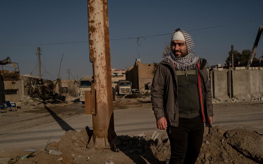 Malak Maesh, 26, known to friends as Bawar, outside the Ghwaryan prison complex in Hasakah, Syria, on Feb. 2. 