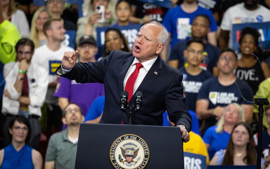 Minnesota Gov. Tim Walz at a campaign rally in Las Vegas on Saturday, Aug. 10, 2024. Former President Donald Trump and his allies are continuing their attacks on Walz’s account of his military service. 