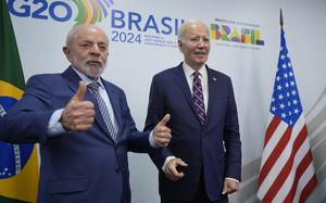 President Joe Biden and Brazil's President Luiz Inacio Lula da Silva meet at the G20 Leader's Summit at the Museum of Modern Art in Rio de Janeiro, Brazil on Tuesday, Nov. 19, 2024. (AP Photo/Manuel Balce Ceneta, Pool)