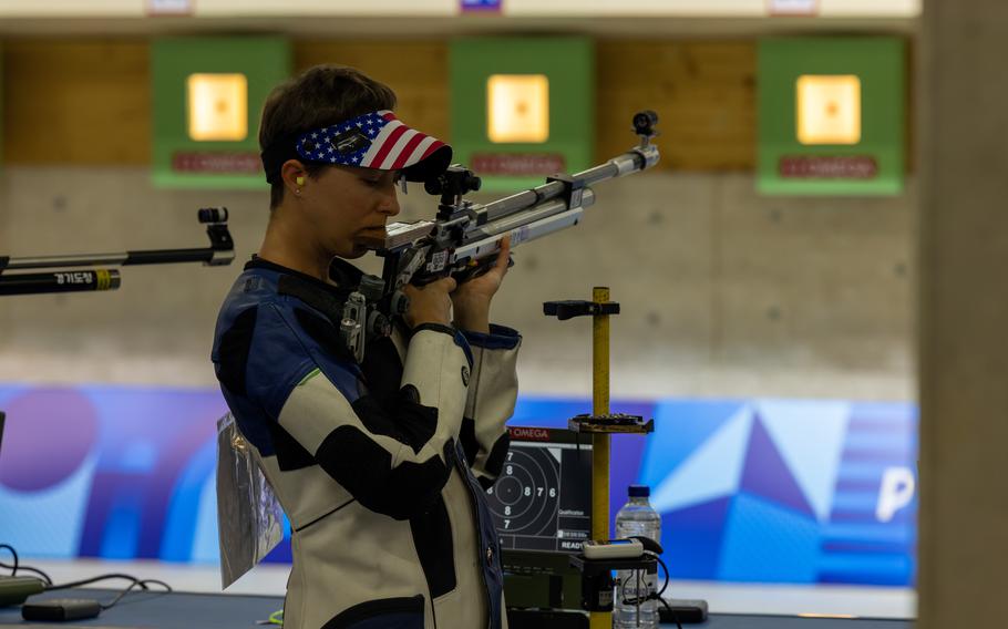 Sgt. Sagen Maddalena of the U.S. Army Marksmanship Unit prepares to aim at her target during the women’s 10-meter air rifle qualification round on Sunday, July 28 2024, in Chateauroux, France.