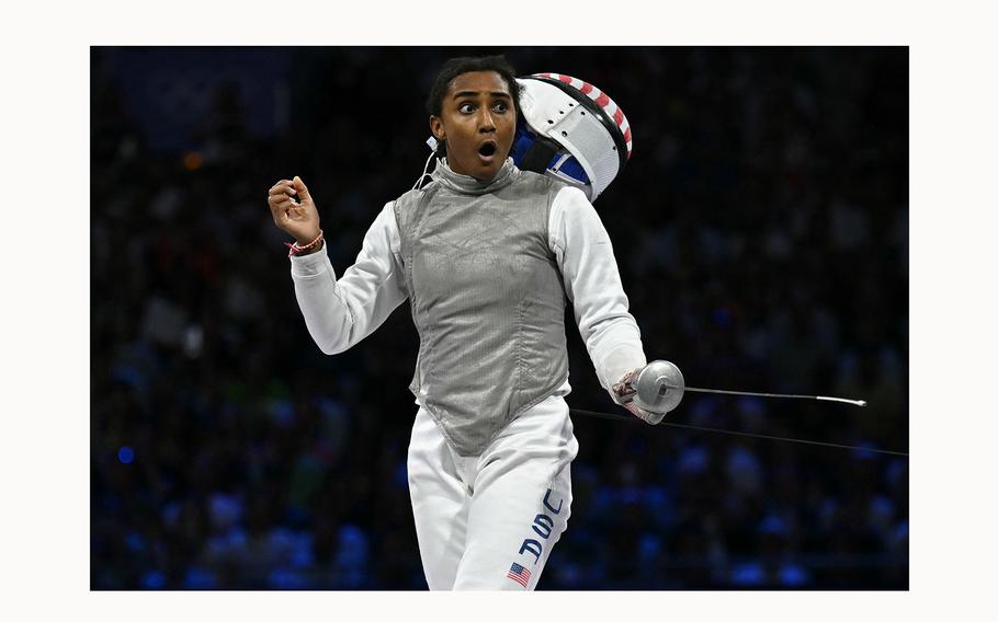 The United States’ Lauren Scruggs reacts after winning the women’s foil team gold medal bout against Italy during the Paris 2024 Olympic Games at the Grand Palais on Thursday, Aug. 1, 2024, in Paris. 