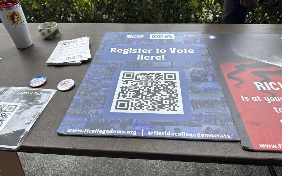 A QR code sign is displayed at Florida Atlantic University April 11, 2024, in Boca Raton, Fla. for students to register to vote. A three-year-old Biden executive order asking federal agencies to prioritize voter registration is being targeted by Republicans as this year’s presidential election draws closer and has become entangled in the politics of immigration.