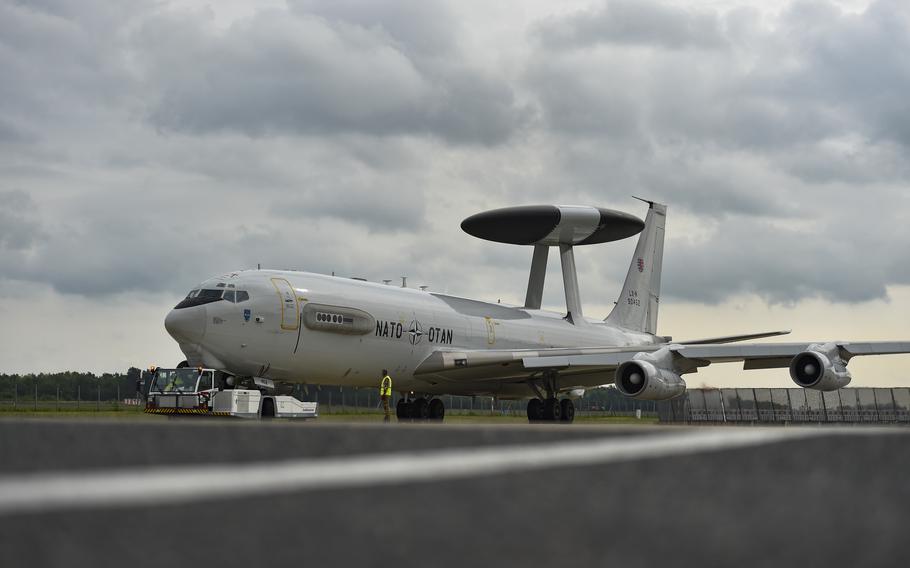 A NATO E-3A AWACS sits on a runway at Geilenkirchen Air Base in Germany on May 9, 2023. The base went to force protection condition Charlie on Aug. 22, 2024.