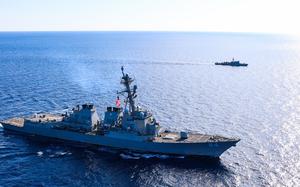 The destroyer USS Bulkeley conducts maneuvering exercises in the Mediterranean Sea with the Cypriot offshore patrol vessel Commodore Andreas loannides on Nov. 29, 2024.