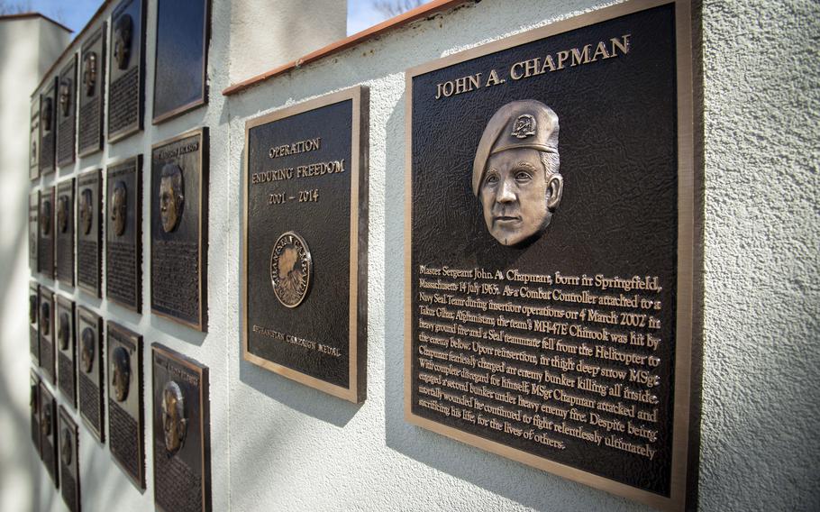 A Medal of Honor plaque for Master Sgt. John Chapman was unveiled during a ceremony at Airmen’s Heritage Park at Joint Base San Antonio-Randolph, Texas, March 4, 2021.