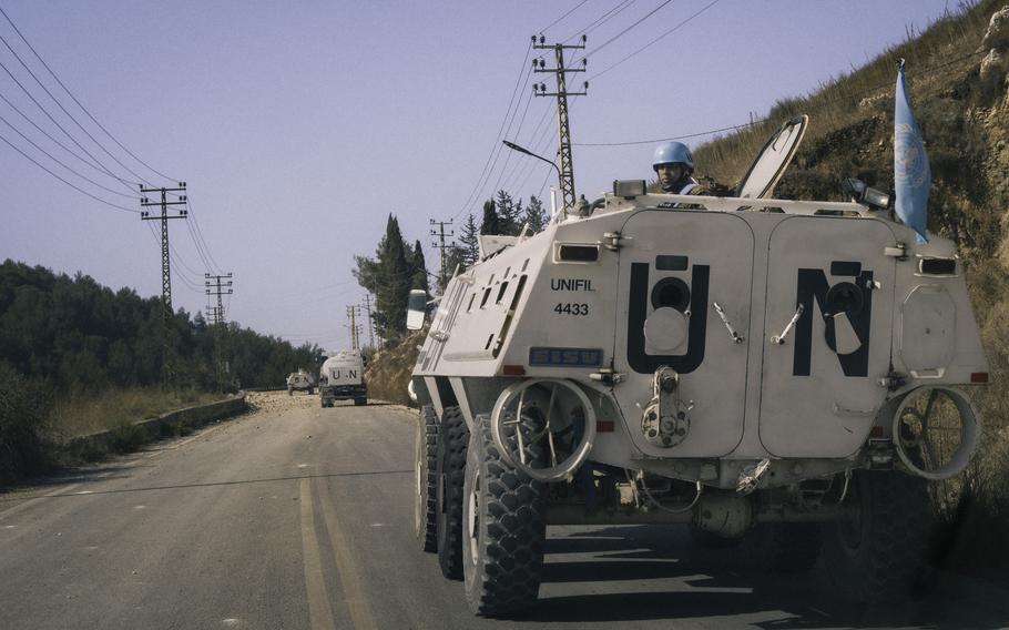 A convoy of U.N. peacekeepers stops and reverses on the road from Hasbayya to Marjayoun in Lebanon.